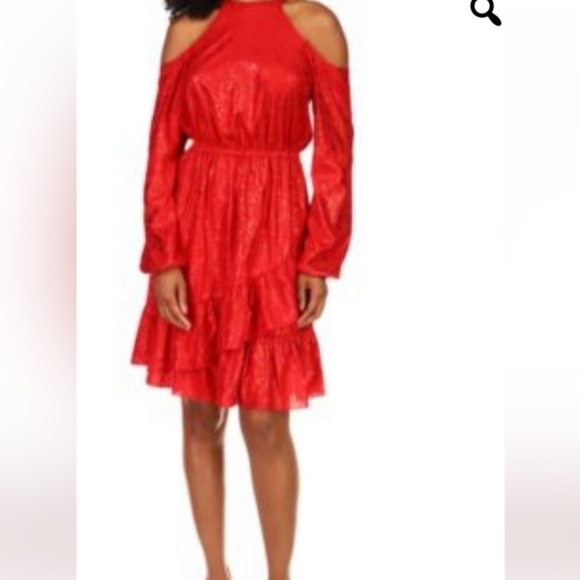 Michael Michael Kors Red Dress Long Sleeve/Cold Shoulder Flounce Hem EUC SZ LRG - Picture 2 of 11